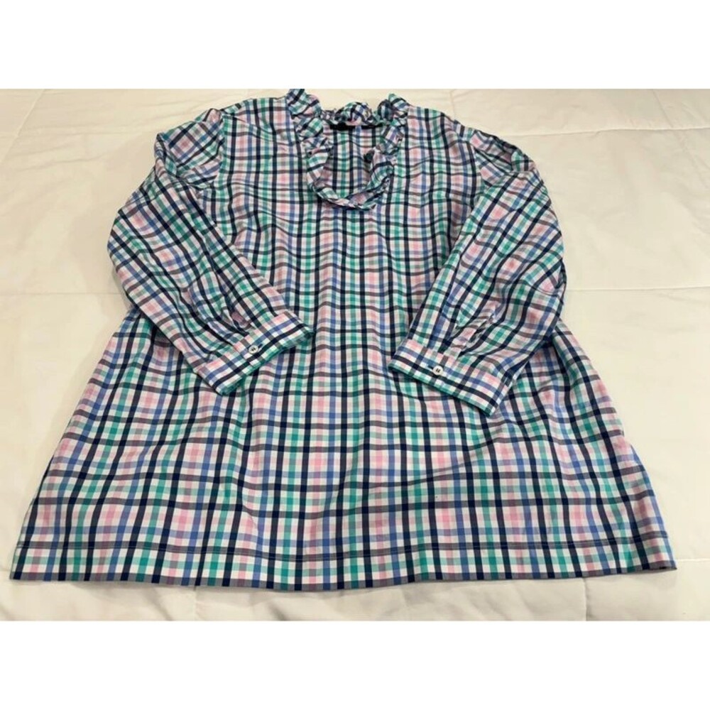 Ladies Talbots Size 8 Pastel Plaid with Ruffle Collar 3/4 Sleeve Blouse